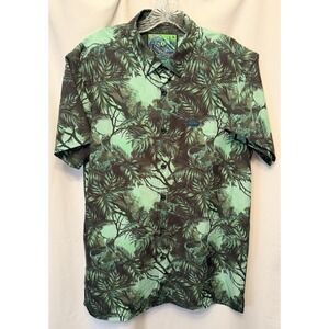 Retro Rifle Prehistoric Dino Print Button Down Size Large Short Sleeve Green